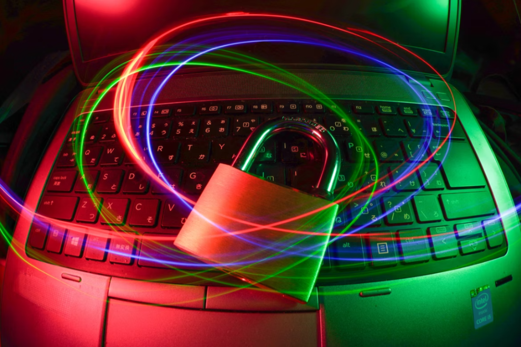 Lock in front of a keyboard with red and green lights